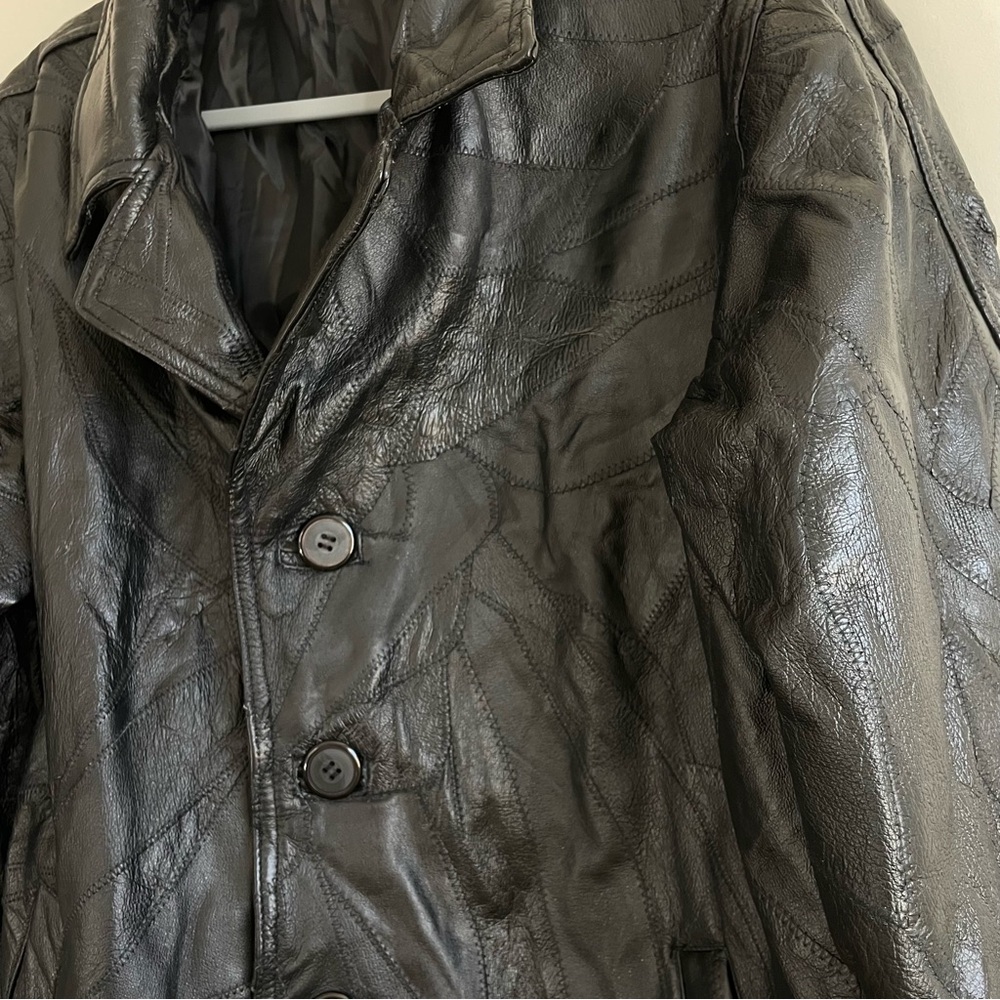 Black Genuine Leather Patchwork Jacket / Trench C… - image 2